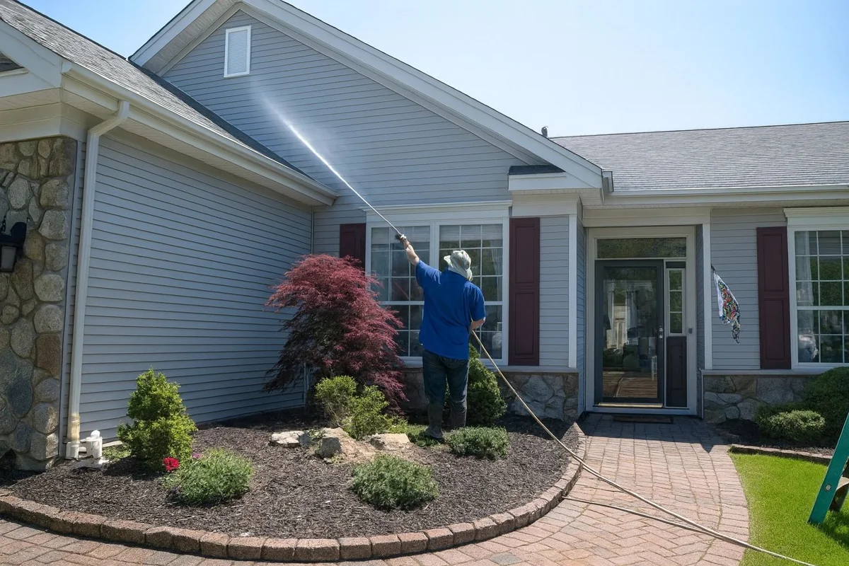 House siding being cleaned with a soft wash