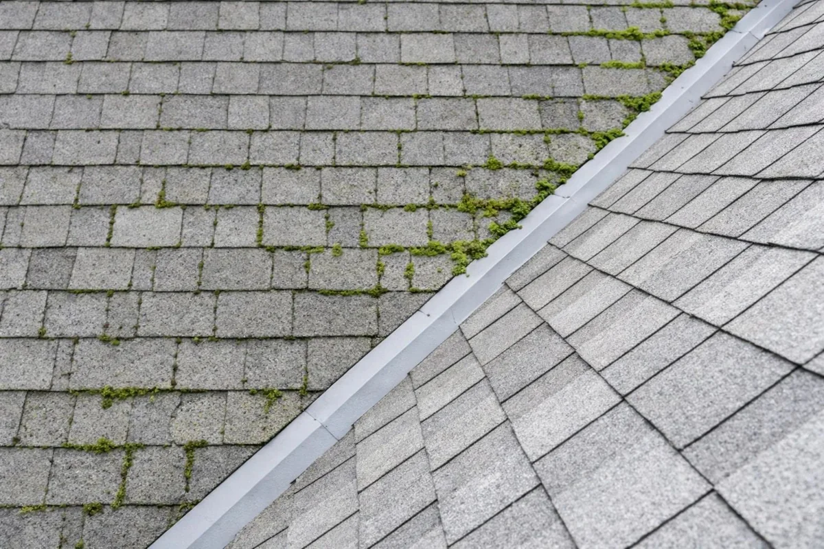 Roof with dark streaks and organic buildup
